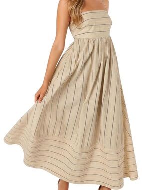 Striped Beige Midi Dress with Spaghetti Straps